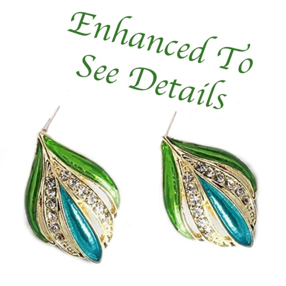 Blue/Green Enamel & Rhinestones Stud Earrings - They shine with elegance - Picture 2 of 5